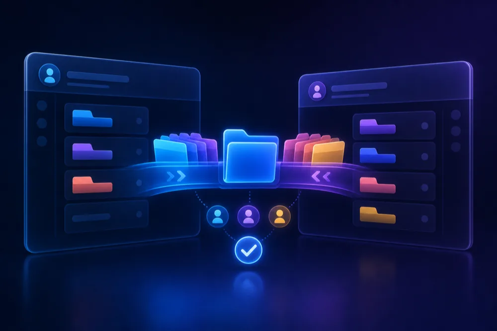 Illustration of two people exchanging shared tab folders between browser windows